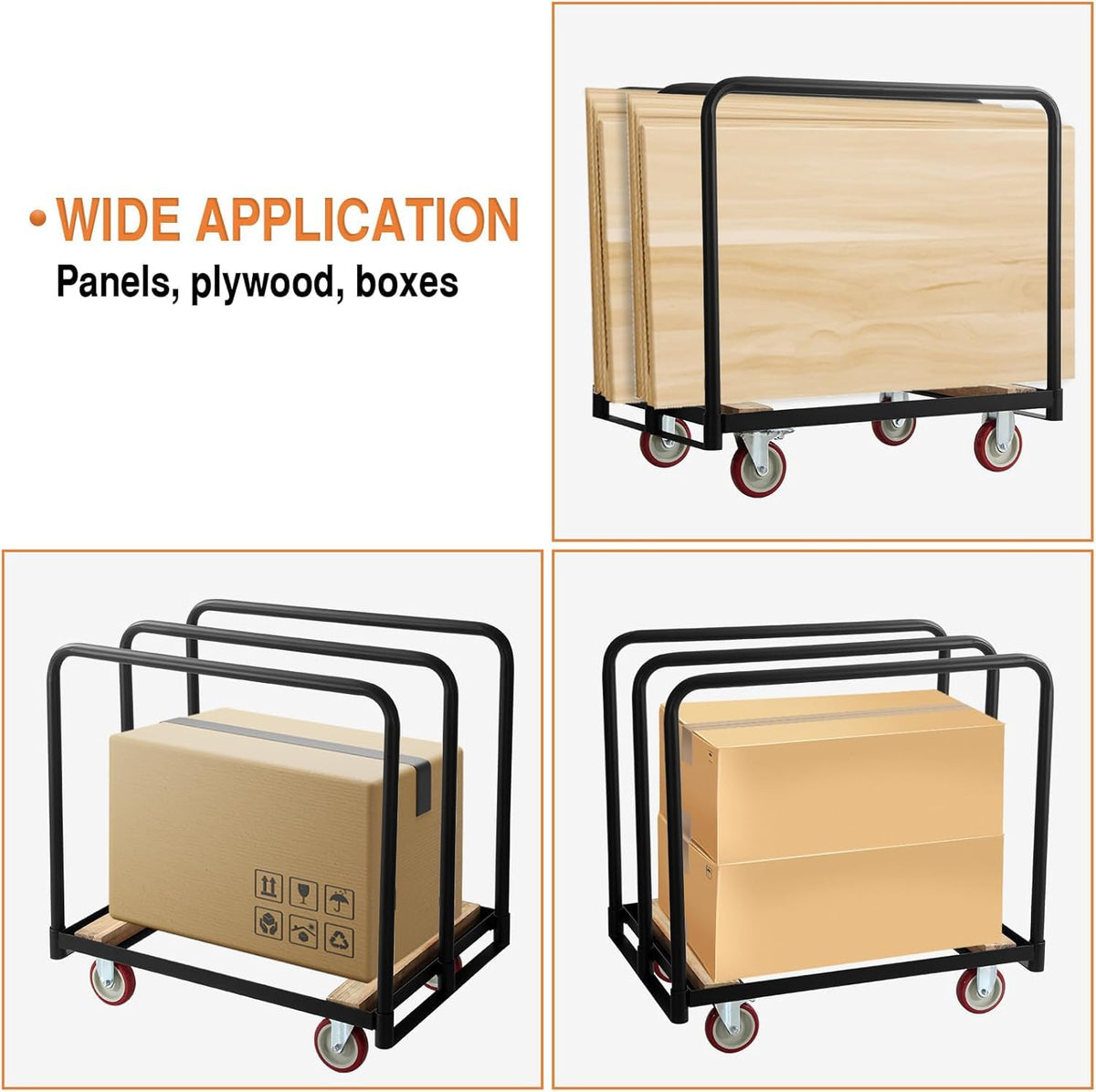 OUKIDR Steel Panel Truck, 1500lbs Capacity Panel Dolly Cart with 4 Swivel Casters and Removable Handrails, Heavy Duty Plywood Cart for Moving Lumber, Luggage Cargo, Warehouse Workshop Use, Black