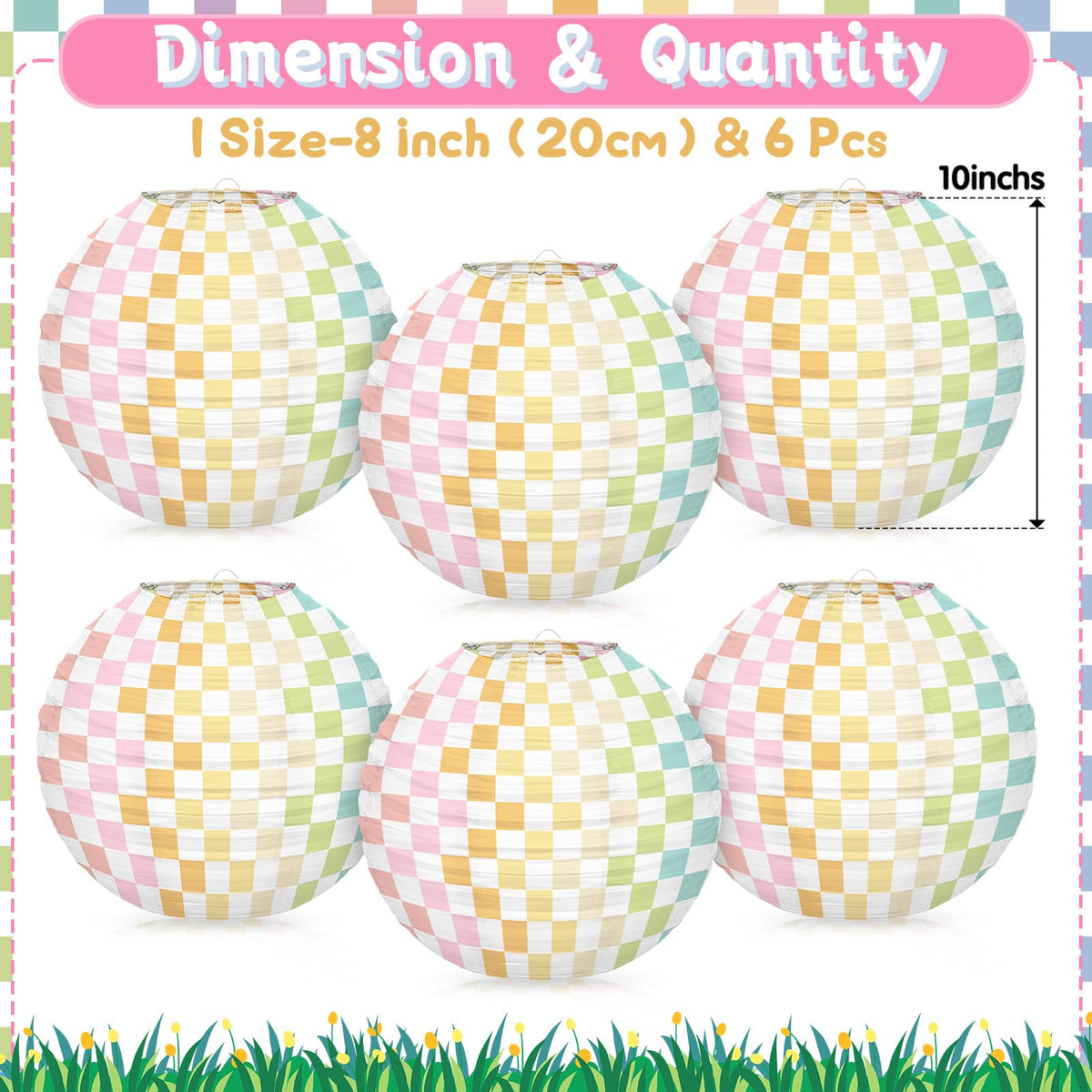 6pcs Pastel Checkered Paper Lanterns Party Decoration, 8inch Pink Gingham Ruond Hanging Lanterns Party Decor for Home Yard Ceiling Classroom Wedding Engagement Birthday Christmas Supplies