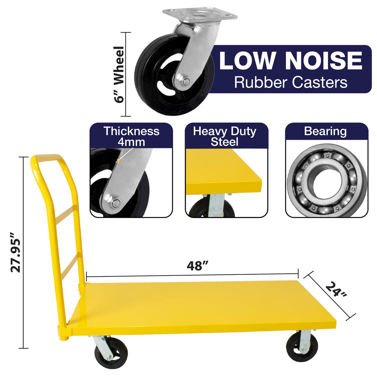 5Seconds Platform Cart Industrial Dolly 2400 LB Heavy Duty 48” X 24” Platform Hand Push Truck Commercial Cart Flatbed, Moving Cart 6” Swivel Wheels Flatbed cart