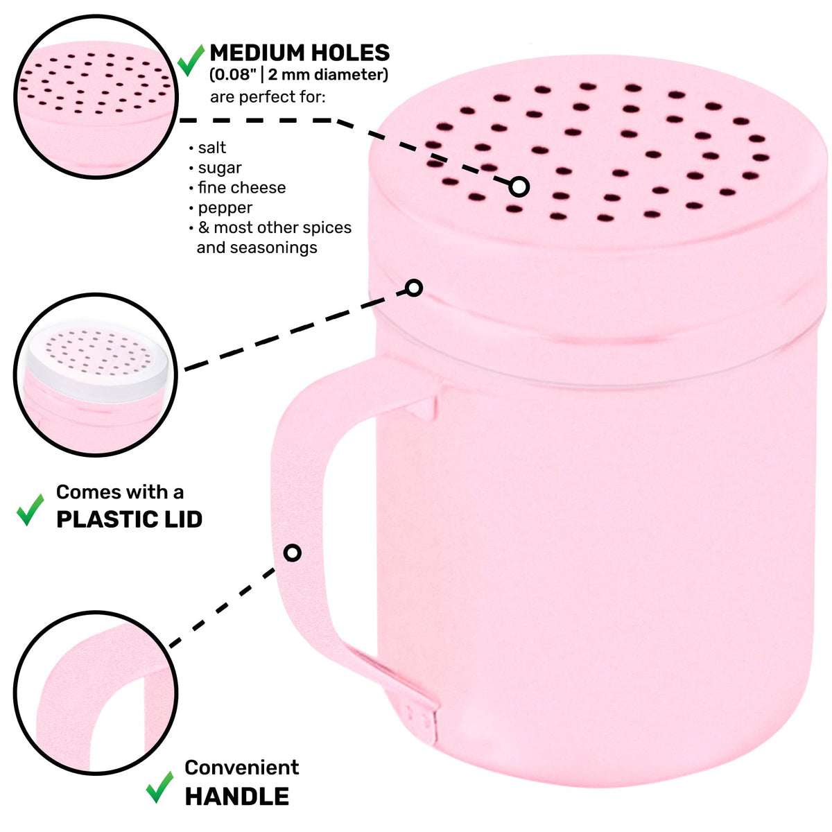 CUSINIUM 10oz Pink Stainless Steel Salt Pepper Dredge Shakers - With Plastic Cap - With Handle - Pack of 2