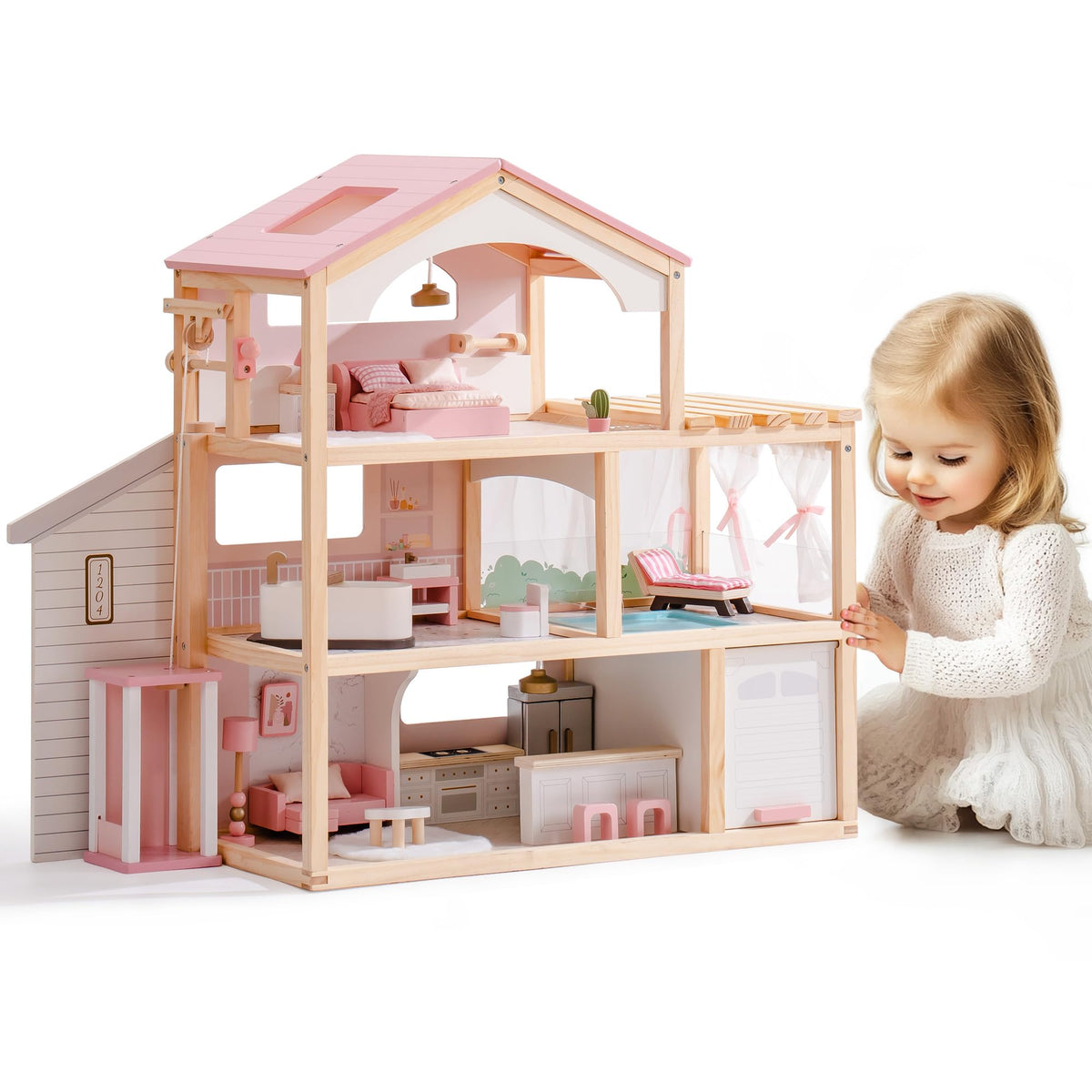ROBOTIME Wooden Dollhouse, Doll House with 29 Pieces Furniture Set - Pool and Elevator, Wooden Doll House for 4, 5, 6-Inch Dolls, 6 Rooms Pink Dollhouse Gift for Kids Girls Ages 3+ (Pink)