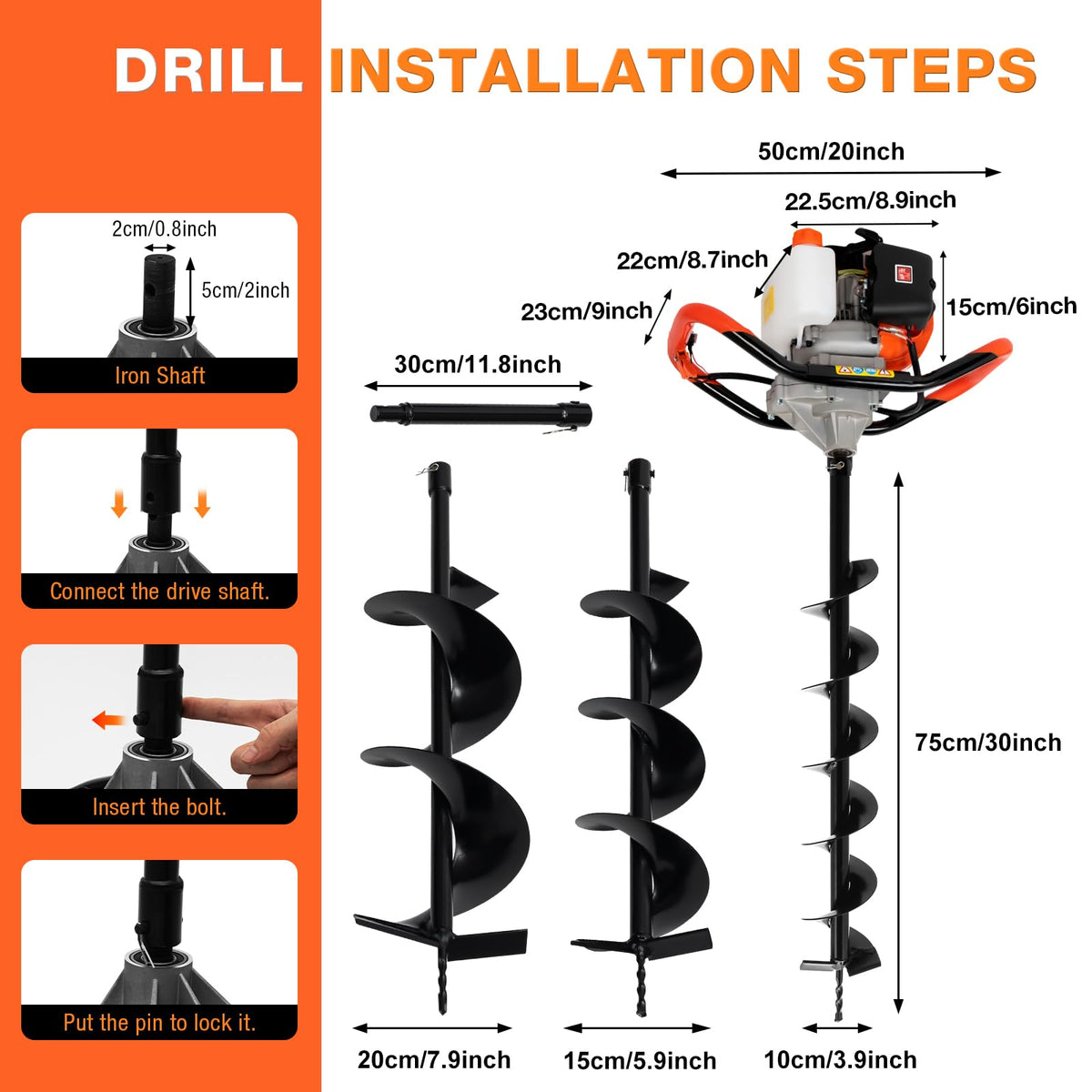 Resfirme Auger Post Hole Digger 52CC 2-Stroke 2.3HP Gas Powered Earth Post Hole Digger with 3.9"/5.9"/7.9" Drills Single Cylinder Air-Cooled Digging Machine for Fence Stakes