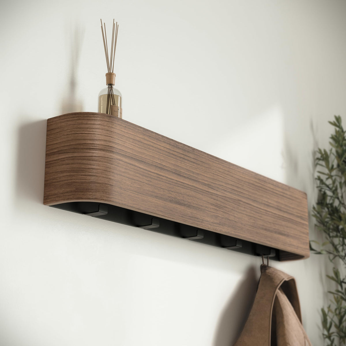 Kazai. Wall-Mounted Coat Rack 'Toke' - Modern Design Coat Rack with Hidden Wall Hooks - Solid Wood Veneer Panel Coat Hanger - Walnut