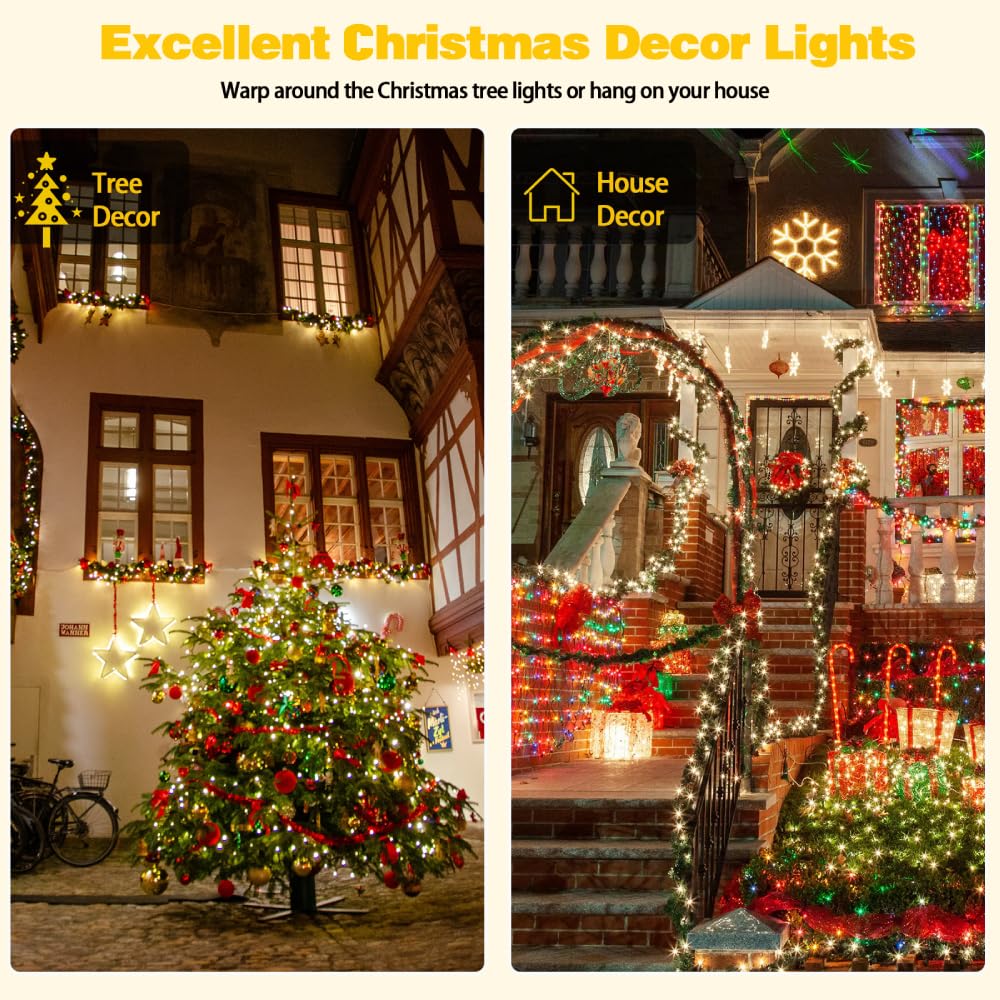 2 Pack 200 LED Solar String Lights for Outside, Solar Christmas Lights Outdoor Waterproof, Solar Outdoor String Light with 8 Lighting Modes for Xmas Tree Wedding Party Garden Decorations (Warm White)