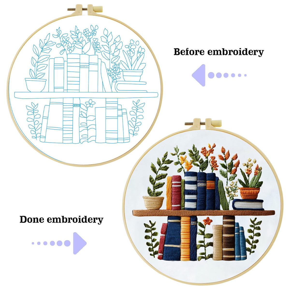 JOZYSH Beginners Stamped Books and Flowers Pattern Embroidery Kit Cross Stitch Kit Embroidery Starter Kit with Instructions, Embroidery Hoops for Home Ofiice Decor