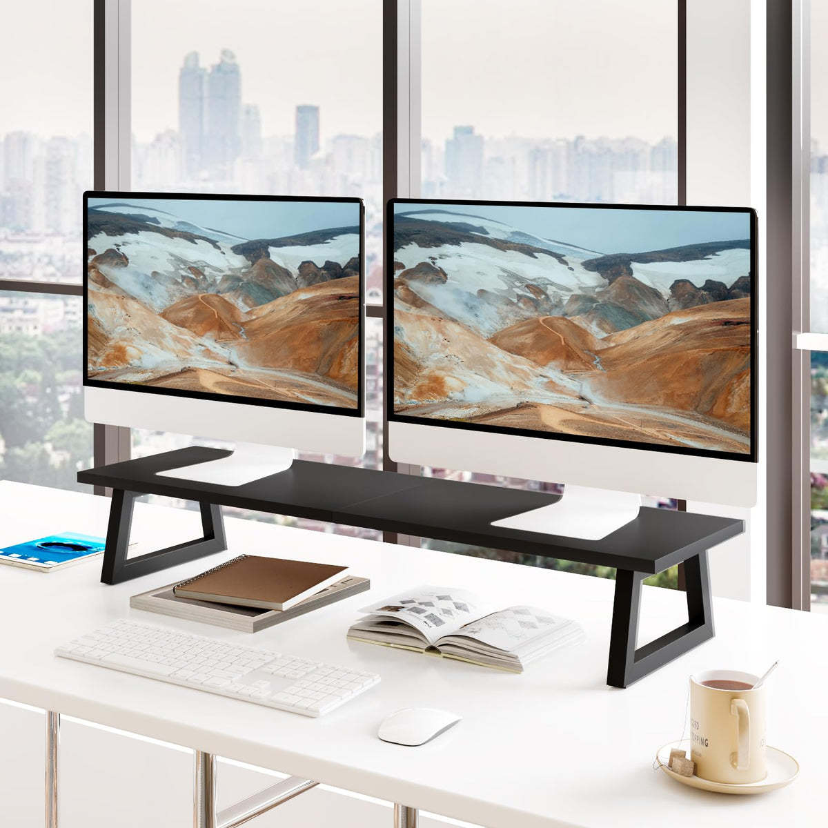 TEAMIX 31.5 inch Dual Monitor Riser, Long Black Monitor Stand Riser Wide TV Stand Riser Monitor Stand for 2 Monitors Wood & Steel Desktop Riser Desk Organization Home Office