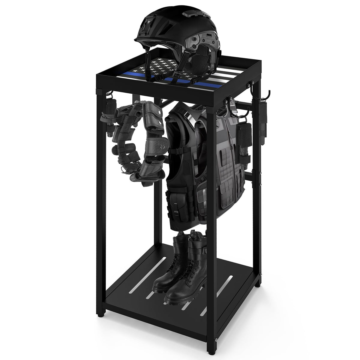 Neoaider Police Gear Stand 18” x 18” x 38”, Tactical Duty Gear Rack Decor with Thin Blue Line Flag, Black Police Hanger with 7 Hooks, Body Armor Stand for Police Gift
