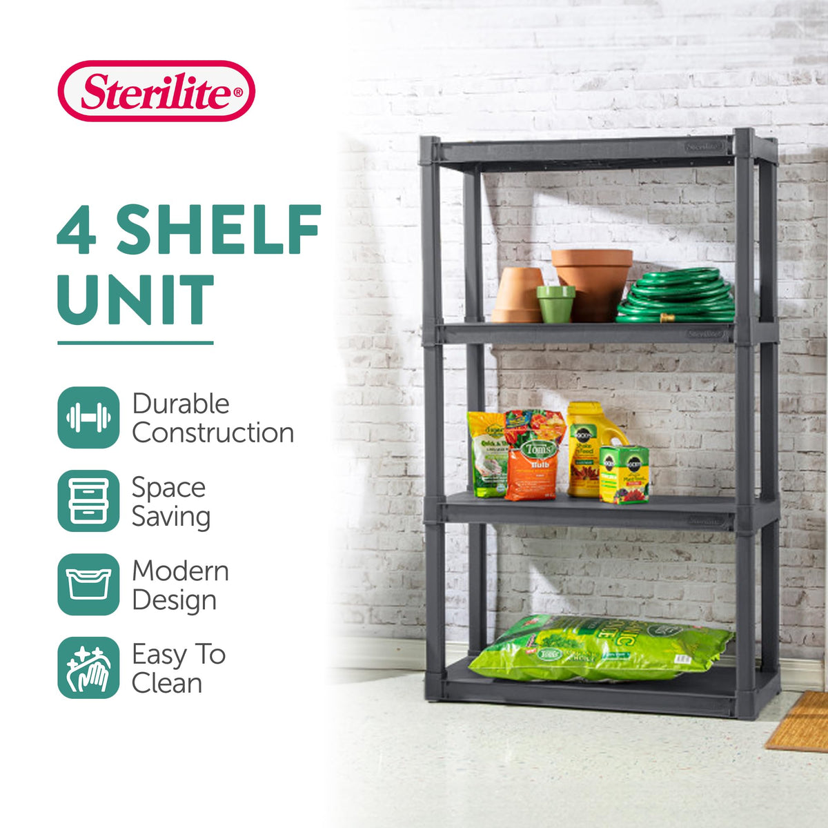 Sterilite 2-Pack 4 Shelf Unit, Heavy-Duty Shelving Storage and Utility Rack - Standing Plastic Organizer Shelves for Kitchen, Bathroom, and Garage