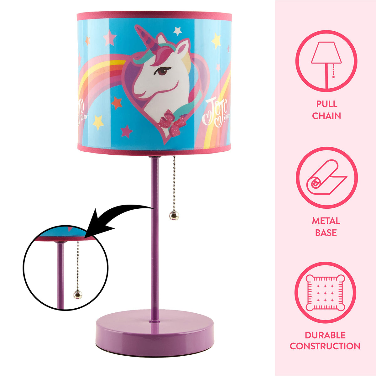 Idea Nuova JoJo Siwa Unicorn Stick Table Kids Lamp Metal with Pull Chain, Themed Printed Decorative Shade