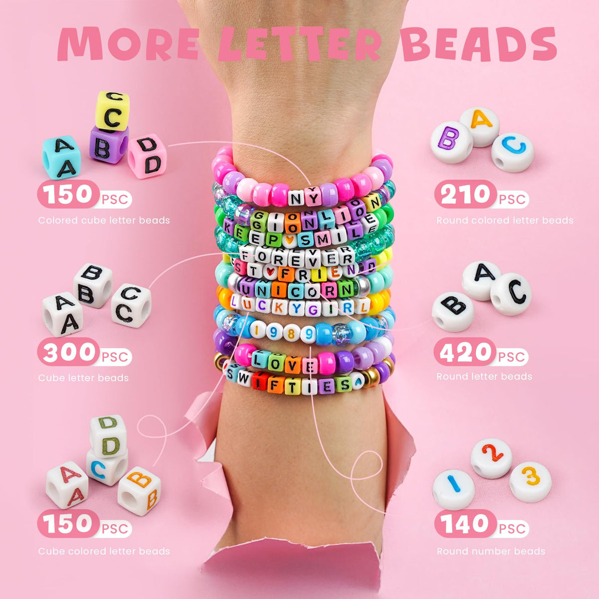 Gionlion 4200Pcs Pony Beads for Bracelet Making Kit, 48 Colors Kandi Beads Bracelet Kit, 2500PCS Rainbow Candy, 1700PCS Friendship Letter Bead with 20 Meter Elastic Strings