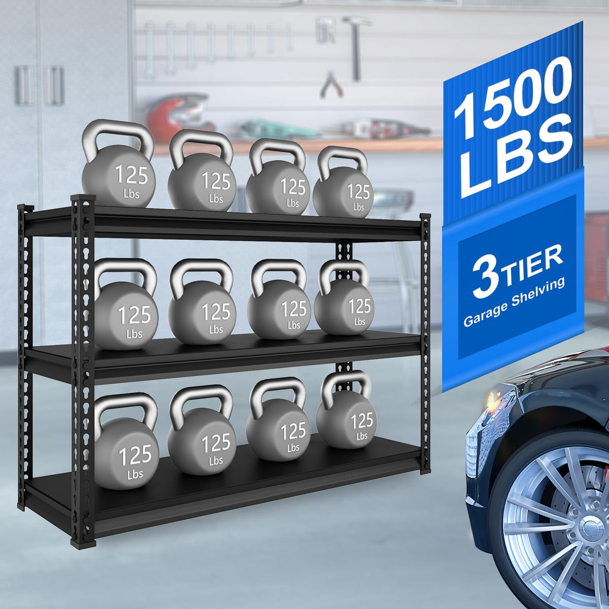 SDXYSTCE 48" W Garage Shelving Heavy Duty, 1500LBS Loads Adjustable Garage Storage Shelves, 3-Tier Metal Shelving Units and Storage Racks, Industrial Utility Shelf,48" Wx18 Dx39 H, Black