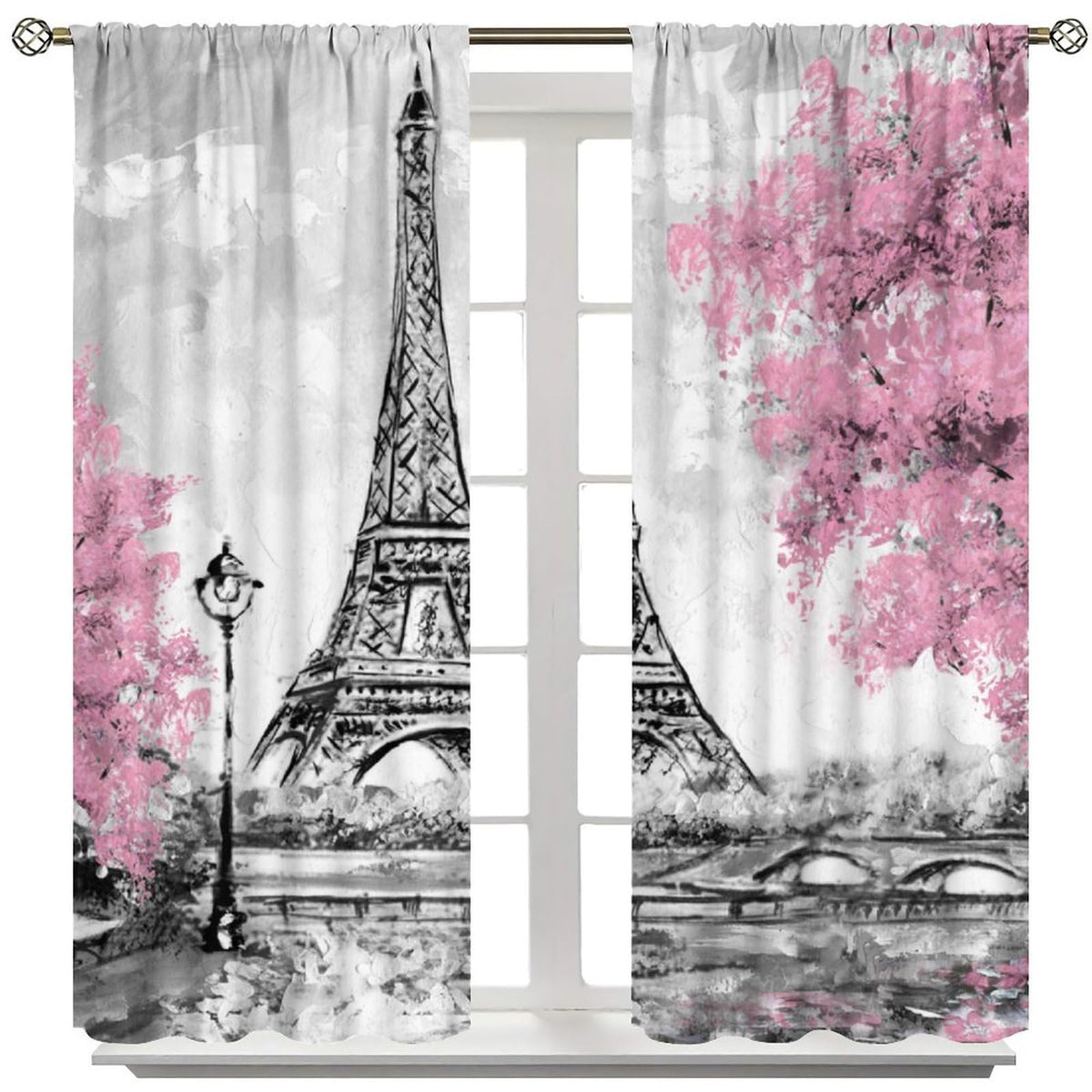 Eiffel Tower Curtains Pink Scene Romantic Decor Paris Eiffel Tower Cityscape Rod Pocket Window Treatments for Girls Women Bedroom Living Room 2 Panels 41" x 45" （No Blackout）