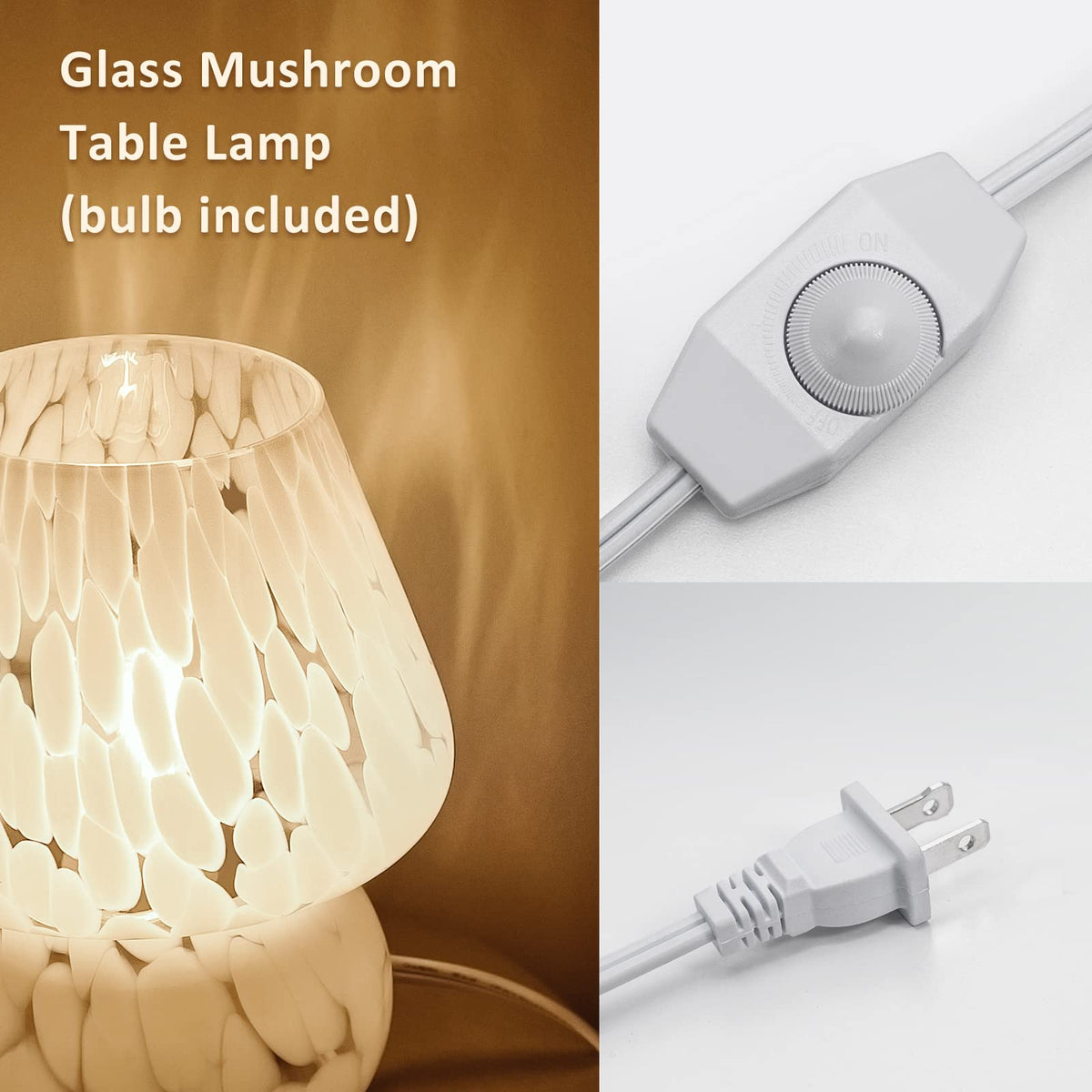 ONEWISH Mushroom Lamp Small Bedside Table Lamp-Nightstand Nightlight Dimmable Stepless, Translucent Glass White Desk Lamp for Bedroom Dorm Living Kitchen, Murano Style Aesthetic Cute Home Decor