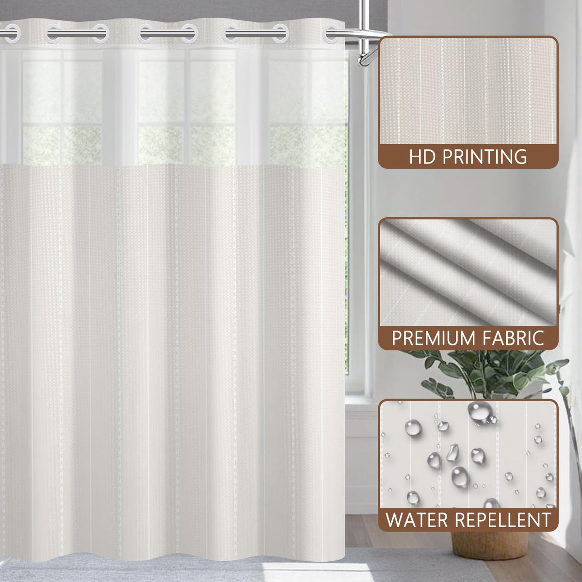NAEMBCU No Hook Waffle Shower Curtain with Snap-in Liner 71x74 Inch