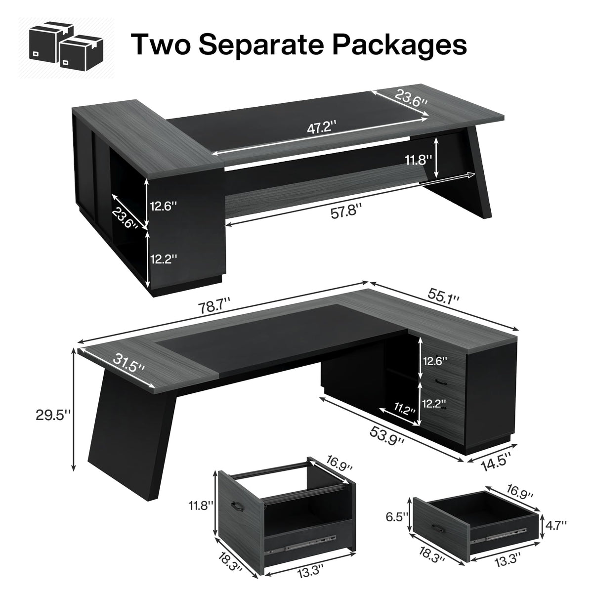 Tribesigns L-Shaped Executive Desk, 78-Inch Modern Office Desk with Drawers and Lateral File Cabinet, Large Bussiness Furniture with Storage Shelves, Workstation for Home Office (Grey + Black)