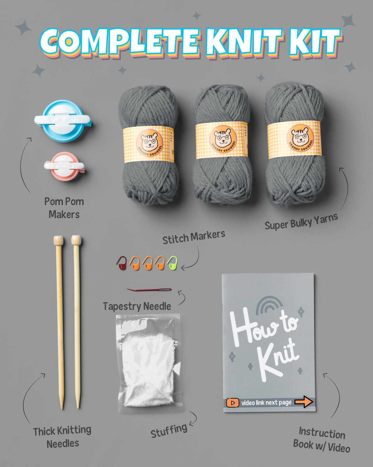 Complete Knitting Kit for Beginners - Learn to Knit Kit with Knitting Accessories Like Thick Beginner Yarn in Gray, Bamboo Needles for Beginners & More - Includes Video Tutorials & Written Guide