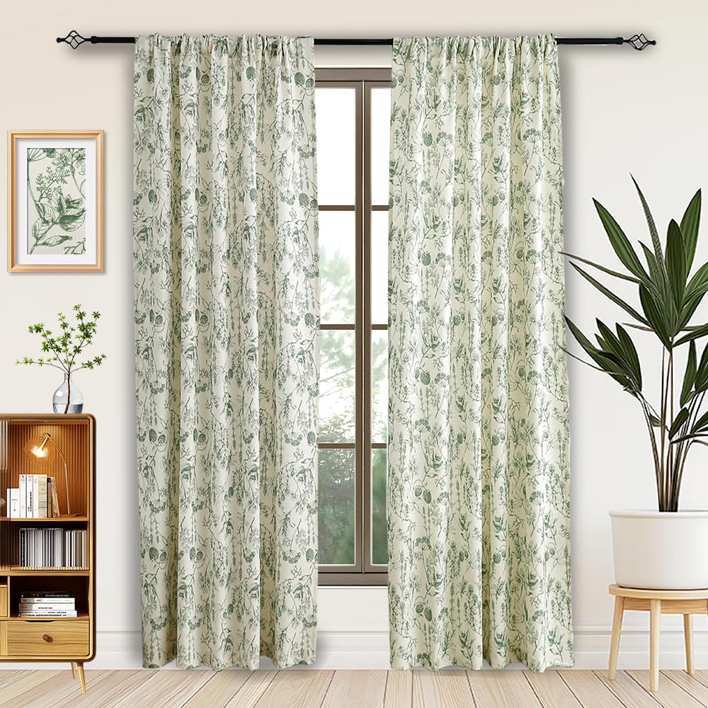 Autum Dream Blackout Curtains 2 Panels Chenille Curtains Drapes for Bedroom Back Tab Rod Pocket Poppy Floral Farmhouse Curtains for Living Room, Patio Doors,Green Floral, 52" W x 84" L