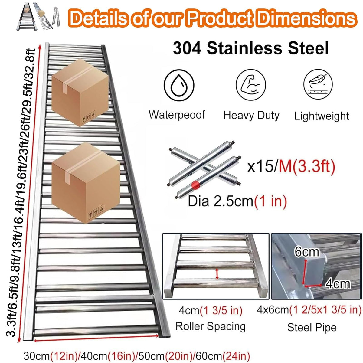 Adjustable Heavy Duty Conveyor Roller for Warehouse Unloading, 3.3ft to 33ft Length, 20" Width, Height-Adjustable Stand, 16.4ft Length - Ideal for Efficient Material Handling