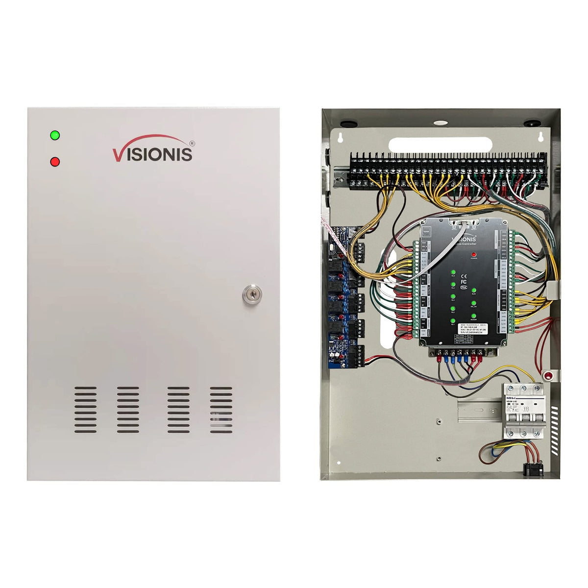 Visionis VS-AXESS-4DLX Version 2 Four Door Professional Access Control Panel Controller Board and Power Supply Cabinet with TCP/IP Wiegand Software 20,000 Users + Fire Alarm Extension Board