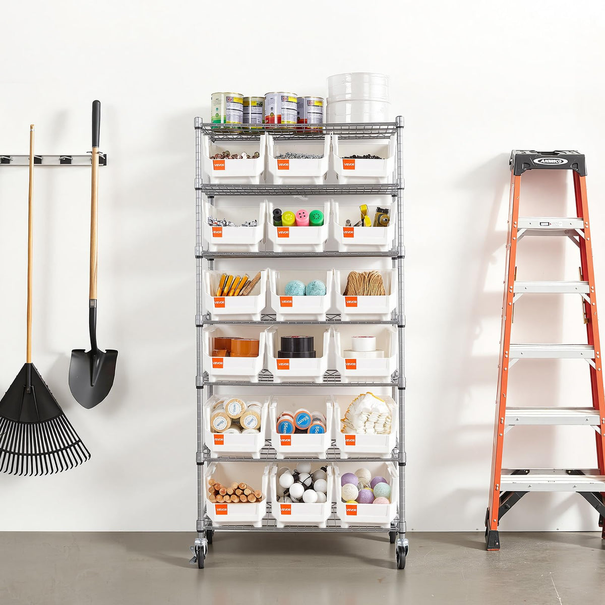 VEVOR 7-Tier Rolling Bin Storage Rack, 18 Organizer Bins, Bin Rack Storage Steel Wire Shelving System with Wheels, Mobile Tool Organizer for Garage, Warehouse, Office, Restaurant, Classroom, Kitchen