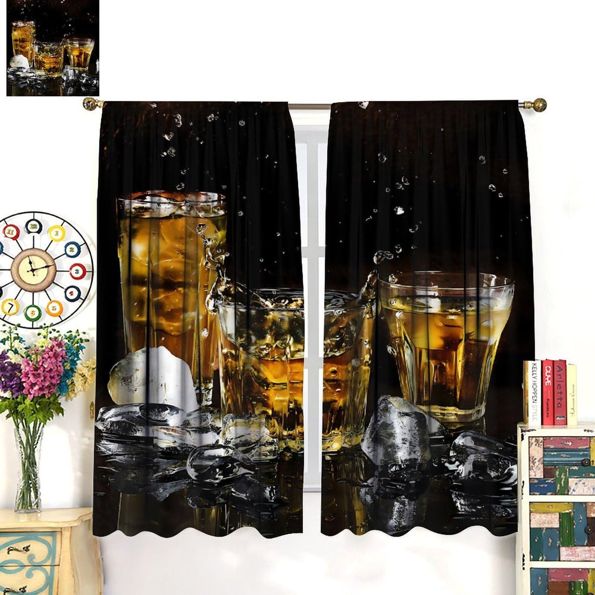 Fblifil Wine Curtains,Happy Alcoholic Wine Glasses Ice Cubes Printed Rod Pocket Window Treatments for Women Men Living Room Bedroom Cafe Kitchen Bar Decor 42" W X 45" L