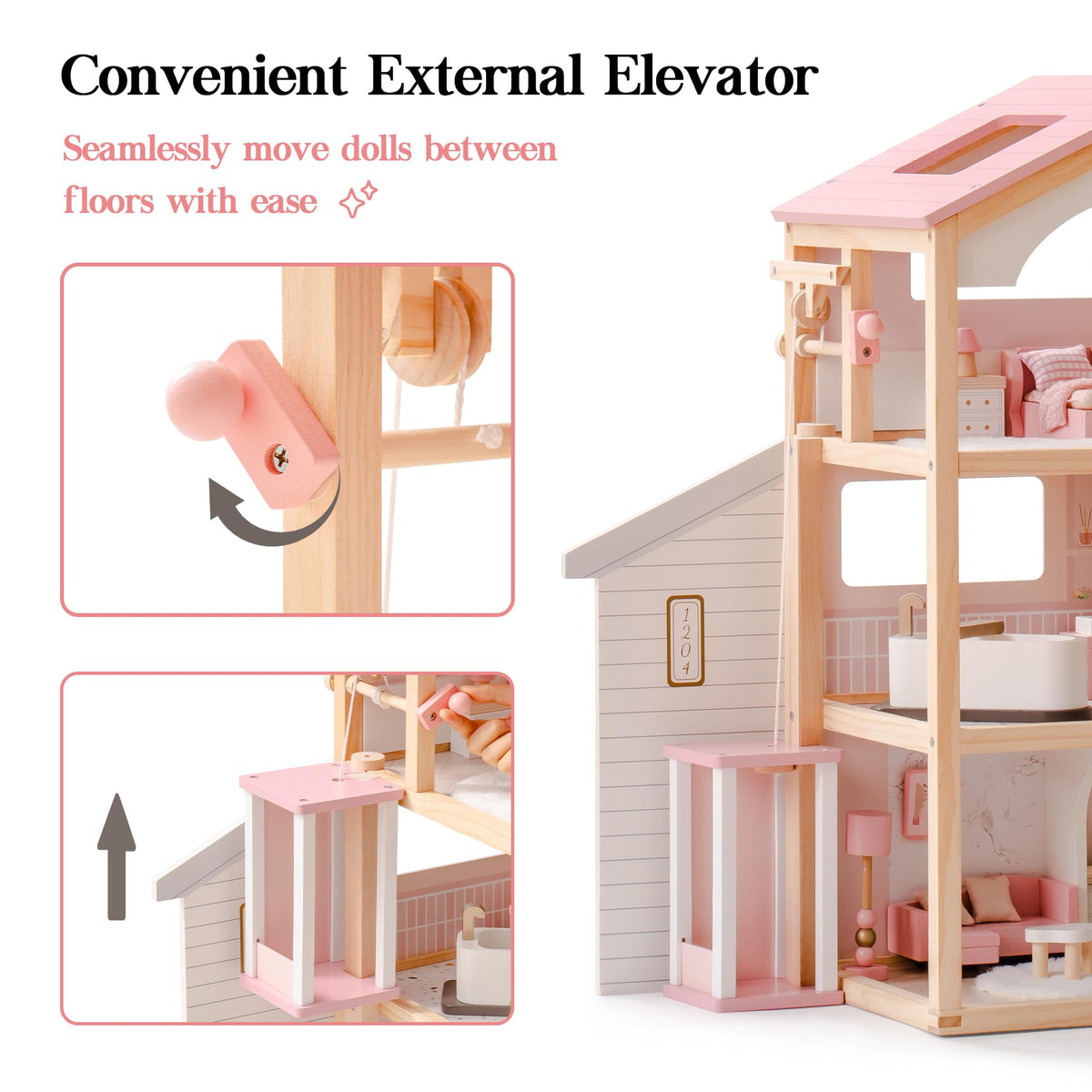 ROBOTIME Wooden Dollhouse, Doll House with 29 Pieces Furniture Set - Pool and Elevator, Wooden Doll House for 4, 5, 6-Inch Dolls, 6 Rooms Pink Dollhouse Gift for Kids Girls Ages 3+ (Pink)