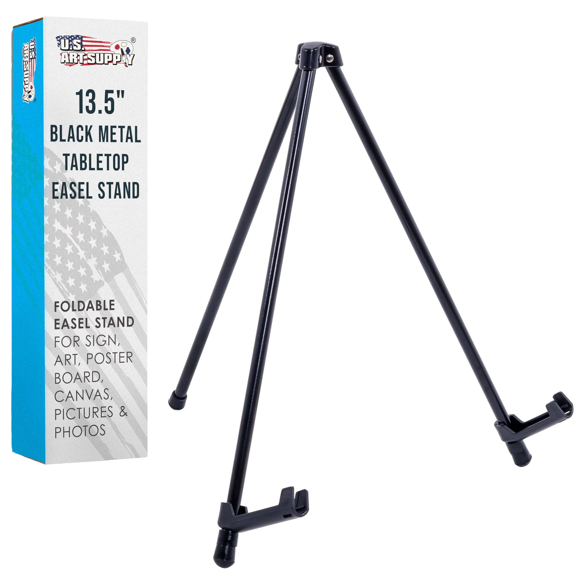 U.S. Art Supply 13.5" Black Metal Tabletop Easel Stand - Foldable Tripod Table Top Easel Stand for Sign, Art, Poster Board, Canvas, Pictures & Photos - Display Table Easels with Non-Skid Feet