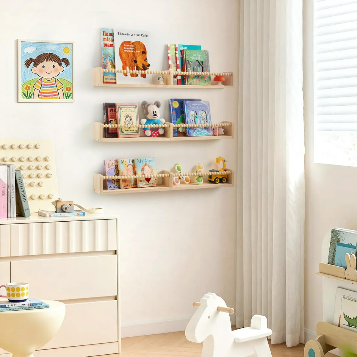 HiMummy 32 Inch Floating Shelf with Wooden Bead Design - Solid Pine Wall Mounted Bookshelf, Child-Safe Nursery Storage for Kids Room Decor, Set of 3(Pre-Strung Bead Strings)