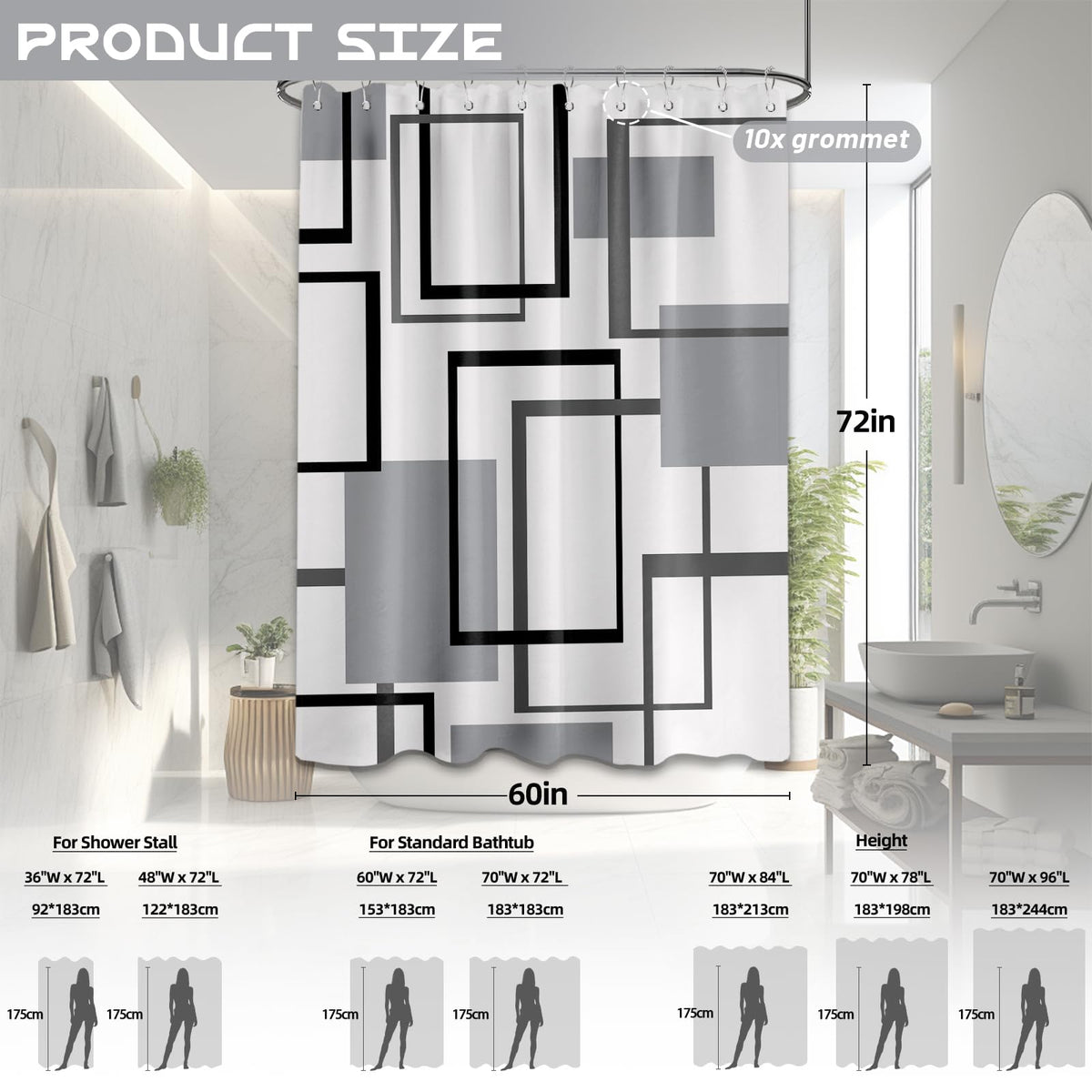 Yieldeer Grey Geometric Shower Curtain for Bathroom Decor, 70 x 72 Inch