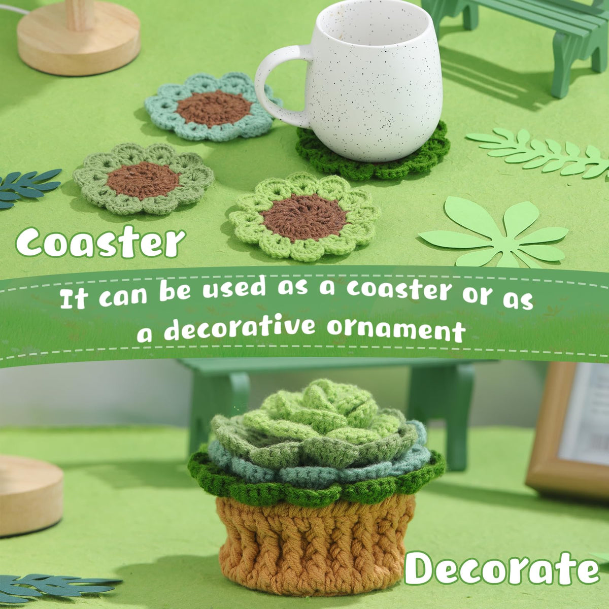 LUNARM Crochet Kit for Beginners, Crochet Start Kit Green Plant Coasters with Step-by-Step Video Tutorials, Easy-to-Learn Knitting with Hook and Yarn, Beginner-Friendly