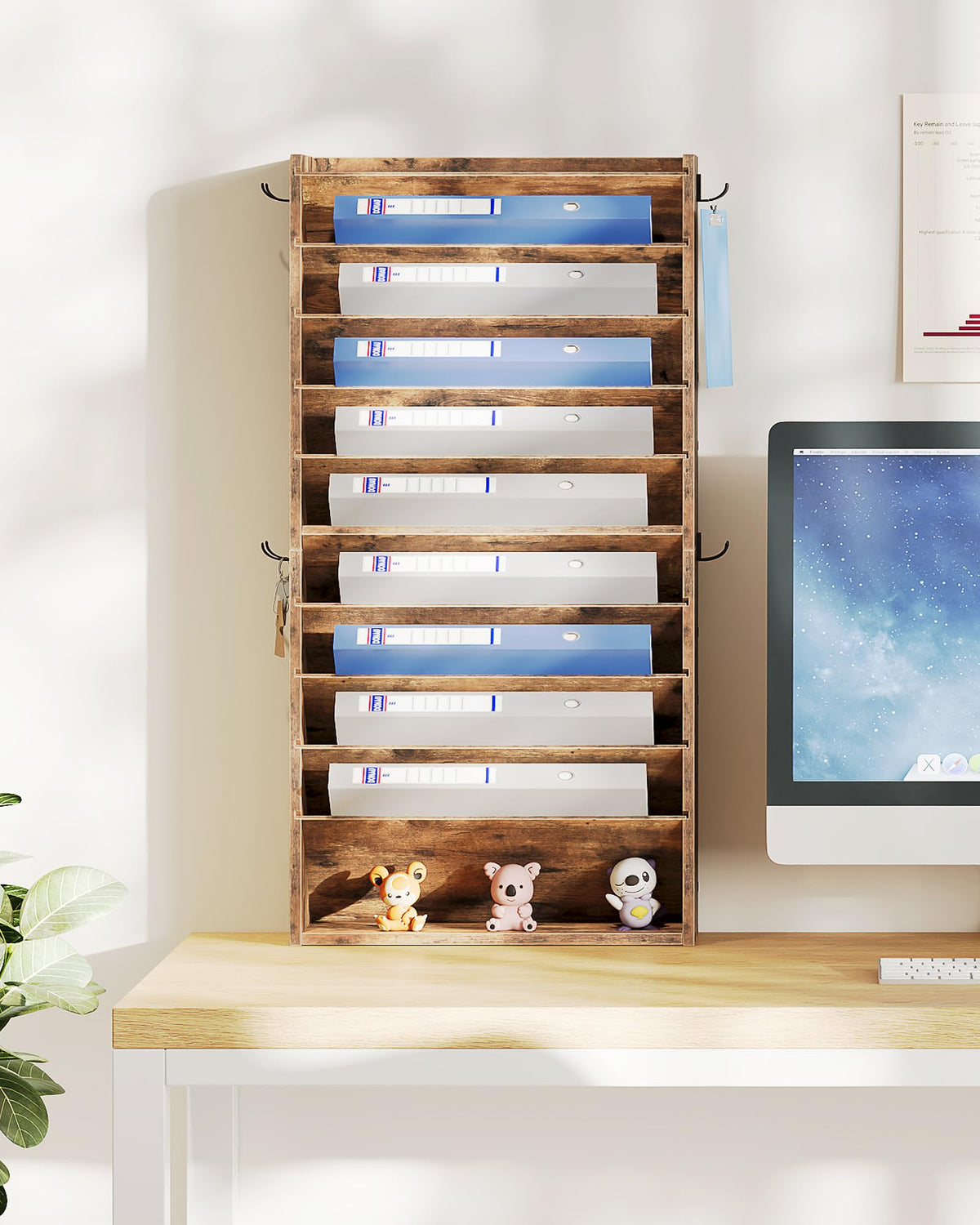 CHOEZON Wall File Organizer, 10-Tier Hanging Mail Organizer, Wall Mount File Holder with 4 Side Hooks, Mail and Storage Organizer, Wooden Vertical Hanging Holder for Office, Rustic Brown MWJ03FG