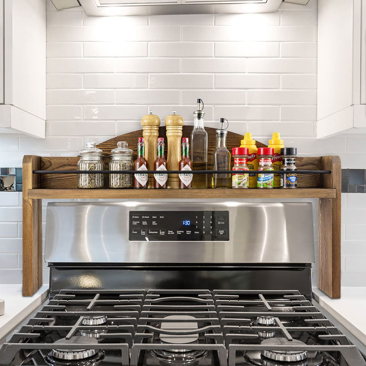 MyGift 33 Inch Deluxe Rustic Burnt Solid Wood and Black Metal Wire Bar Stove Top Spice Rack, Space Saving Over The Oven Range Stovetop Storage Display Shelf