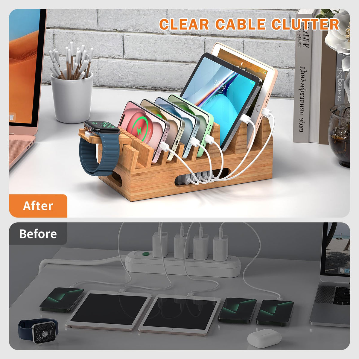 Pezin & Hulin Bamboo Charging Station Holder with 5 Port USB Charger, 5 x Charge Cables, Watch Stand, Wood Docking Stand Electronic Organizer for Multiple Devices, Phones, Tablets and More
