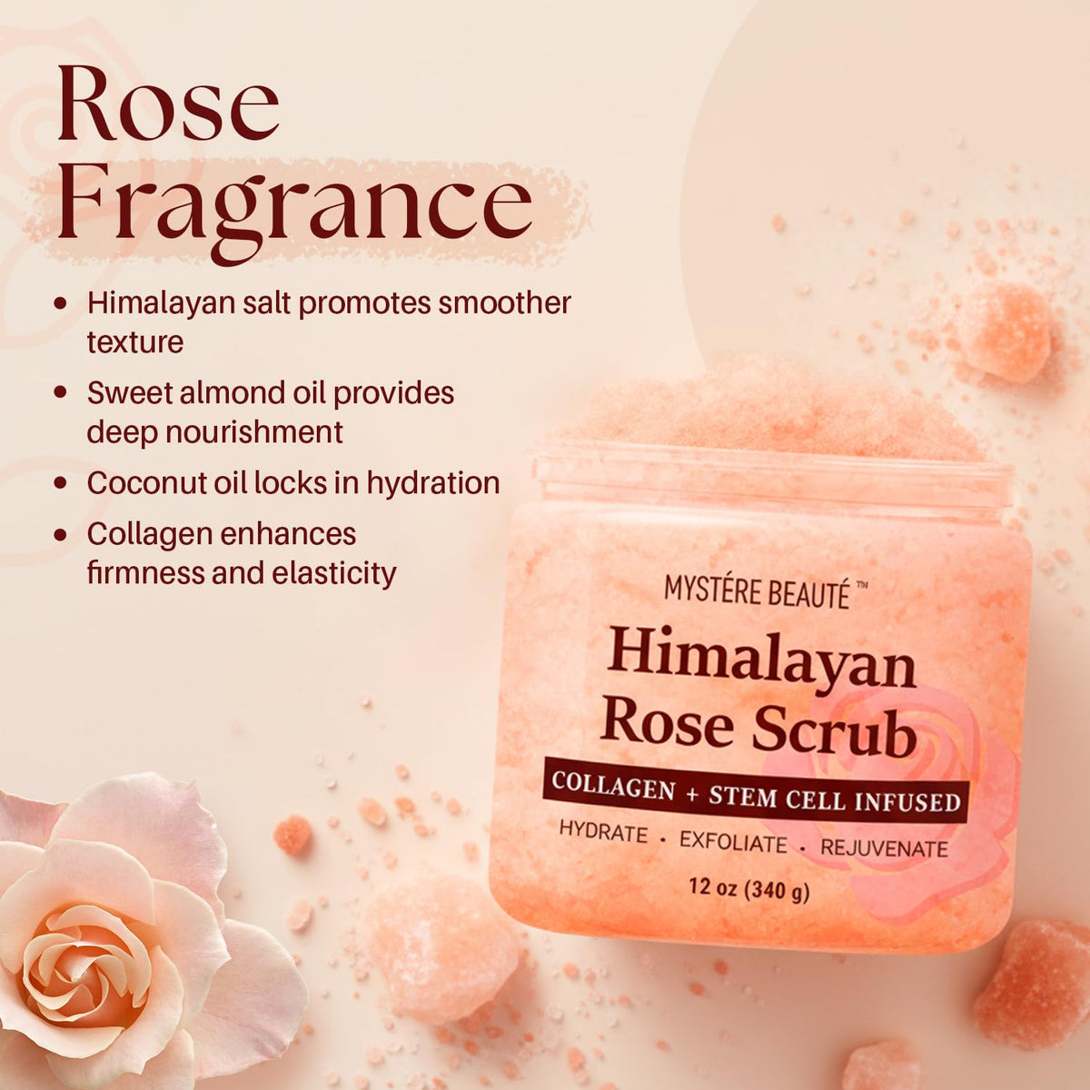 MYSTÉRE BEAUTÉ Himalayan Salt Body Scrub with Collagen & Rose Oil (12 oz) - Exfoliating Scrub for Cellulite, Acne, Scars & Stretch Marks - Deep Cleansing & Moisturizing - Natural Skin Care Gift