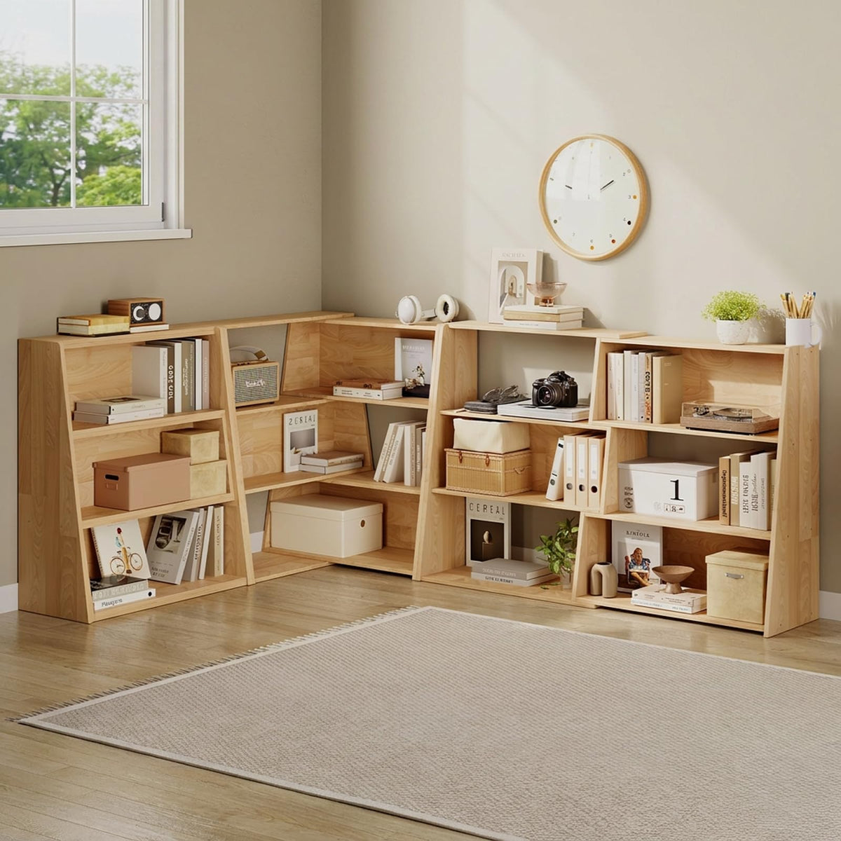 HOTAMO Expandable Solid Wood Bookshelf, 48.35" L x 11.73" D x 31.5" H Extendable Shelf Bookcase with Adjustable Design, Narrow Display Shelf for Bedroom, Living Room, Home Office, Natural Wood