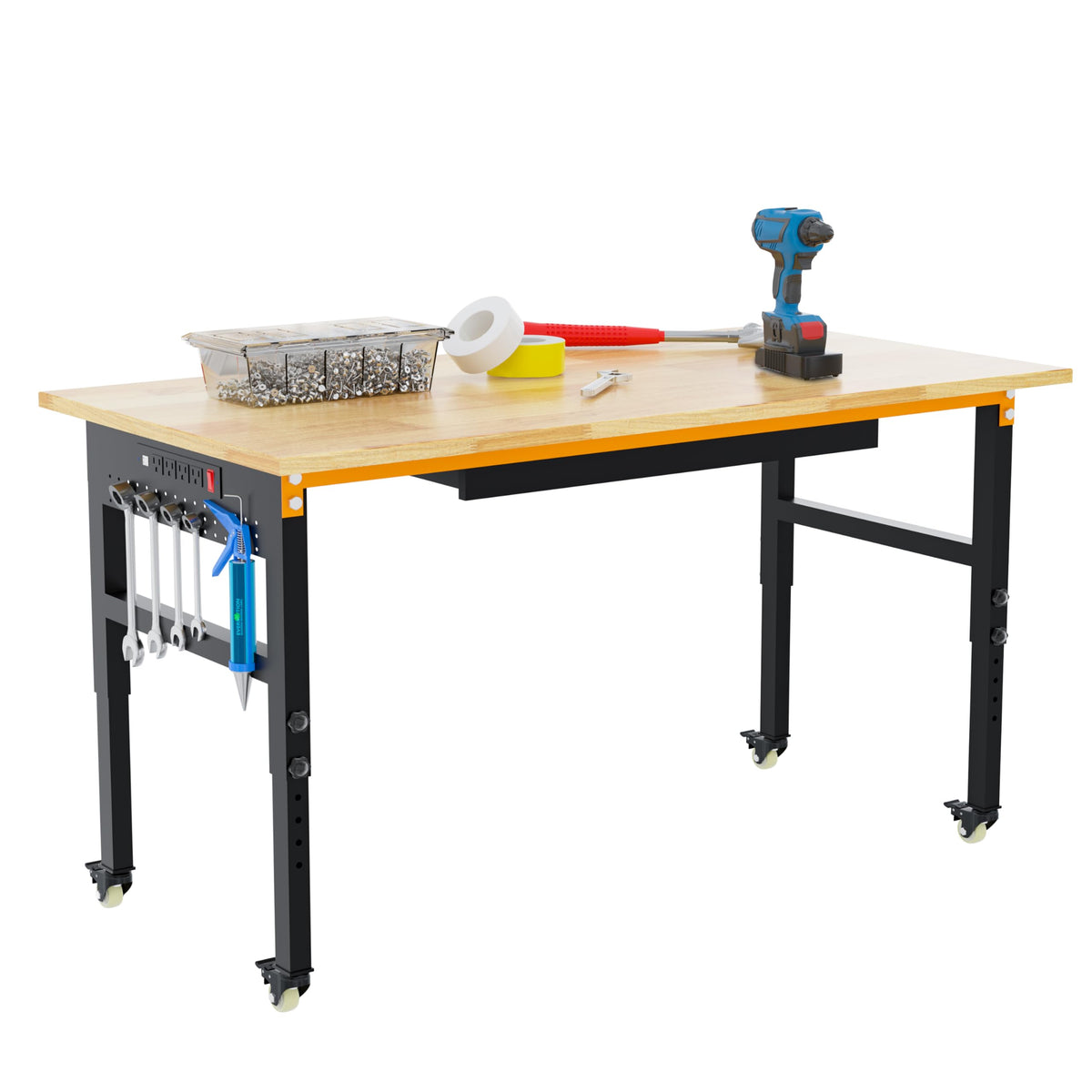 Betterhood 60" Adjustable Workbench on Wheels, 2000 LBS Heavy Duty Work Table with Power Outlets & Pegboard, Rubber Wood Workstation for Garage, Workshop, Office, Home, Commercial