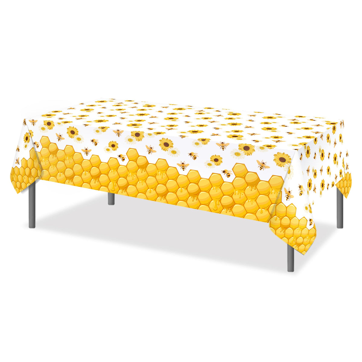 CC HOME 1Pc Bees Party Plastic Tablecloth 54 x 87 Inch Long Table Cover, Honey Sunflower Honeycomb Daisy Party Tablecover for Bee Kids Baby Shower Birthday Dinner Picnic Kitchen Event