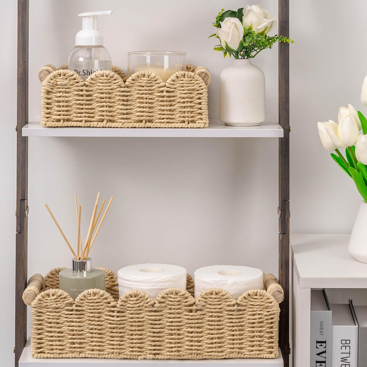 CubesLand Scalloped Edge Toilet Paper Storage Basket, Living Room Home Cozy Decor Basket, Paper Rope Small Baskets for Over Toilet Storage Shelf, End Table, Shelves, with 2 Wooden Handles, Beige