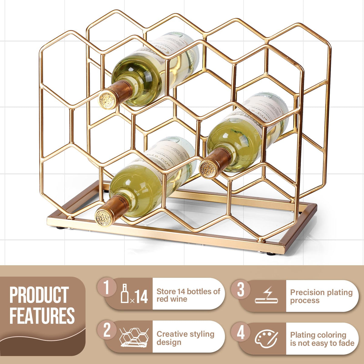 Drincarier 14 Bottle Countertop Wine Rack - Freestanding Modern Gold Metal Wine Rack - Tabletop Wine Holder Stand for Cabinet, Pantry, Wine Bottle Storage……