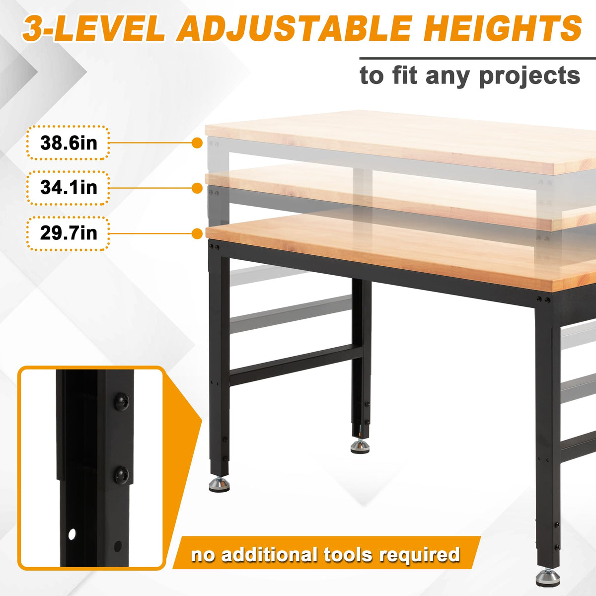 HABUTWAY Height Adjustable Workbench 60" 2000 Lbs Capacity Solid Wood Work Station Heavy-Duty Work Tables with Power Outlets for Garage Party Shop Office