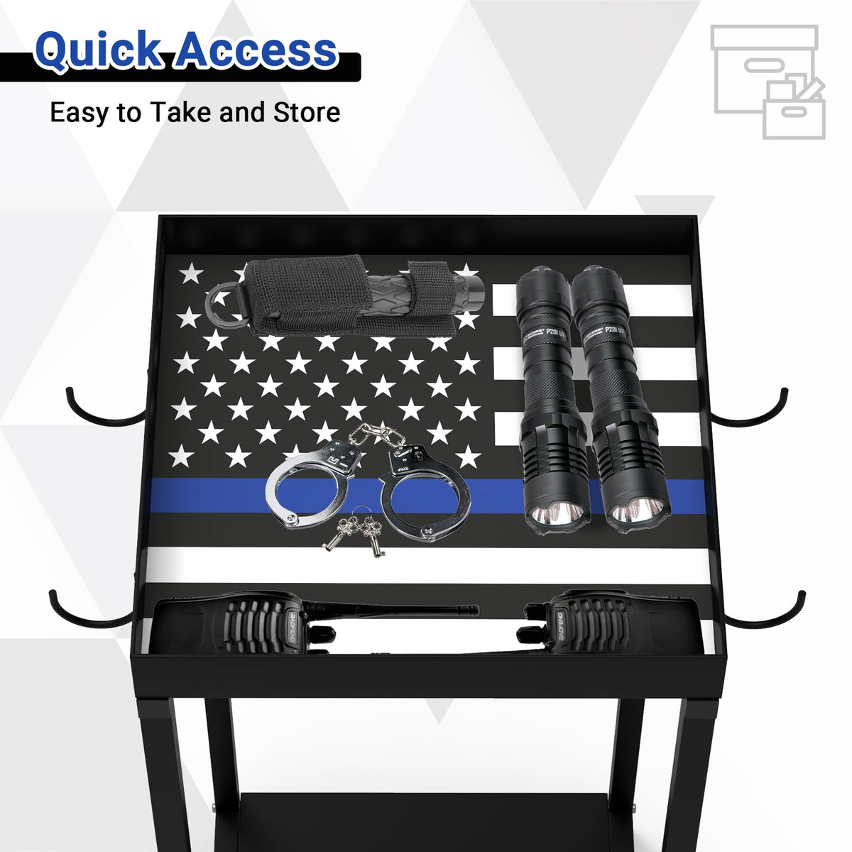 Neoaider Police Gear Stand 18” x 18” x 38”, Tactical Duty Gear Rack Decor with Thin Blue Line Flag, Black Police Hanger with 7 Hooks, Body Armor Stand for Police Gift
