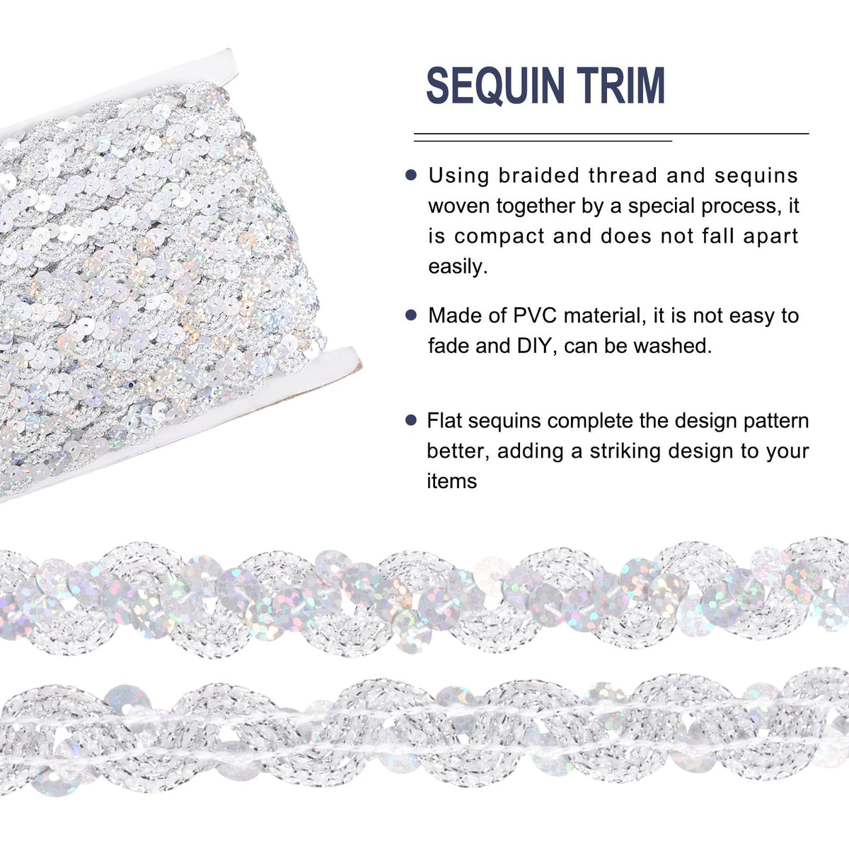 MECCANIXITY 27 Yard Sequins Beaded Lace Trim 0.6 Inch Wave Sequin Braid Trim Strip Paillette Ribbon for Crafts, Embellishments, DIY Sewing Costume, Bling Silver
