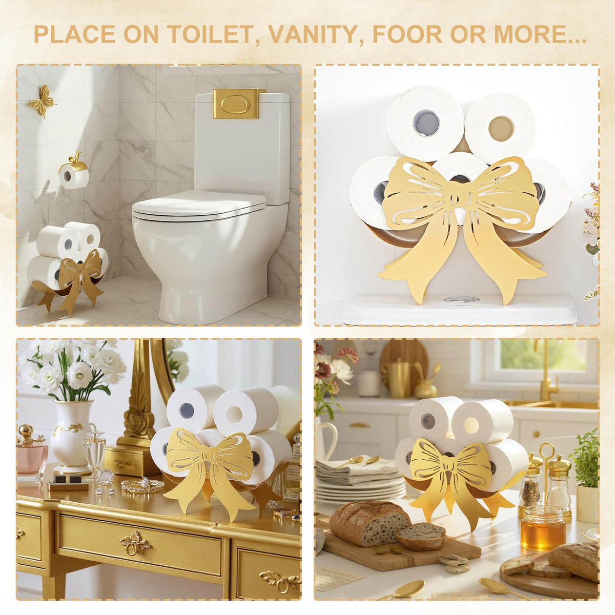 Geelin Bow Metal Toilet Paper Storage Holder Wedding Bow Bathroom Decor 8 Rolls Decorative Toilets Paper Holder Wall Mounted for Bathroom Kitchen Bedroom Coquette Home Decor(Gold)