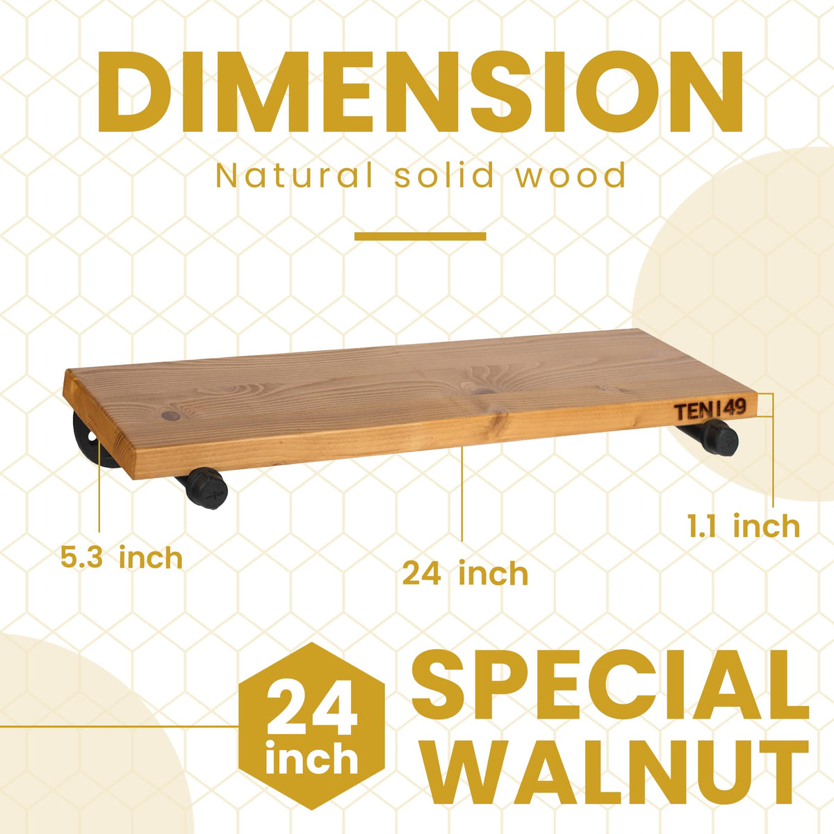 TEN49 Real Wood Rustic Floating Shelves Wall - 24 Wide Small Wooden Industrial Pipe Shelving - Farmhouse Pipe Wall Shelves Furniture Bathroom Decor Art Shelf Kitchen - Light Walnut Color - Set of 2