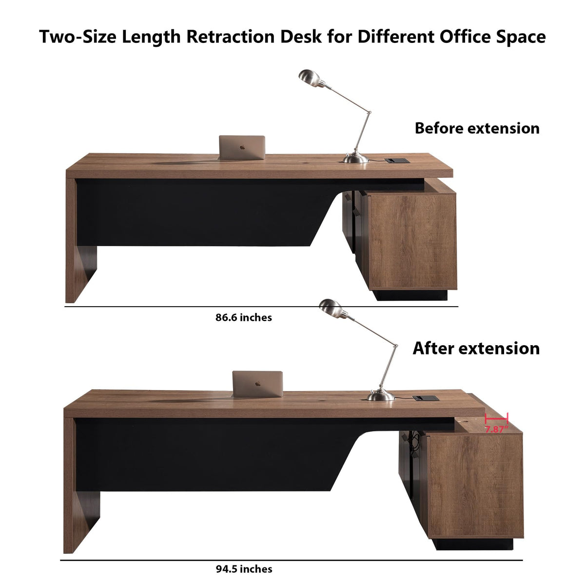 ONNAHOMEStlyle L Shaped Desk with File Drawer, Solid Wood Large Executive Desk for Home Office, Adjustable Width (86.6" to 94.5"), Storage Cabinet & 2 Drawers, Left Return