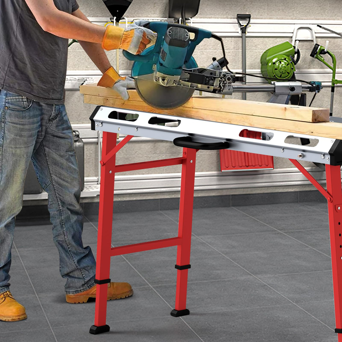 Goplus Portable Welding Table, 42" x 21" Folding Height Adjustable Weld Table Top w/1000LBS Capacity, 2 Bar Clamps, 8 Tool Slots, Handle, 0.7” Holes, Heavy-Duty Workbench Fixture Table for Garage