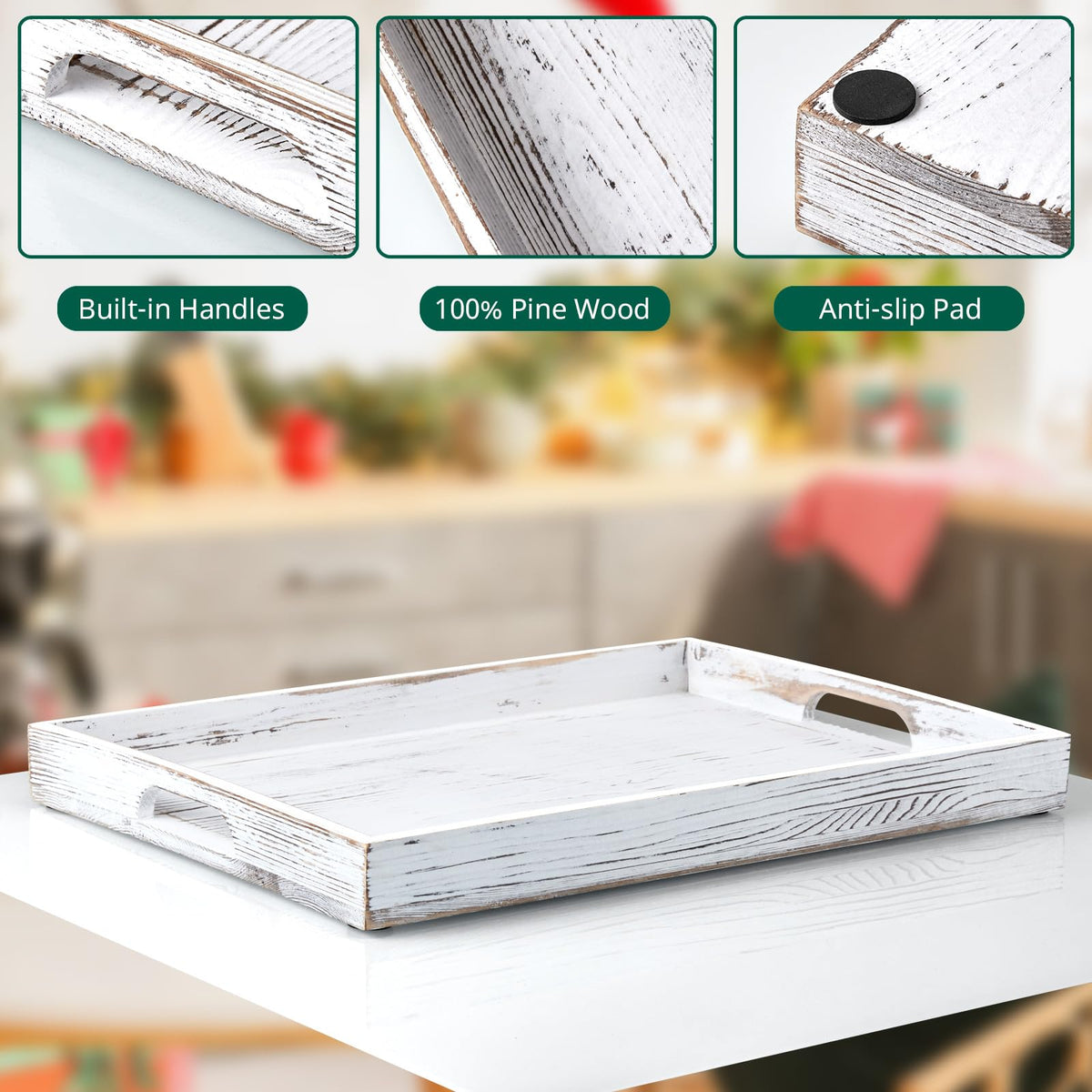 17 Inch Rustic White Serving Tray with Handles - Large Wooden Tray for Ottoman, Breakfast in Bed, Dinner, Coffee Table - Decorative Rectangular Tray for Living Room Bedroom Entryway and Kitchen Decor