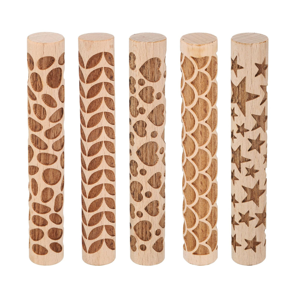HARFINGTON 5pcs Wood Clay Roller 4" Star Pattern Rolling Pins Wood Rollers Pottery Tools Wood Grain Texture Rollers for Clay Baking Dough Playdough DIY