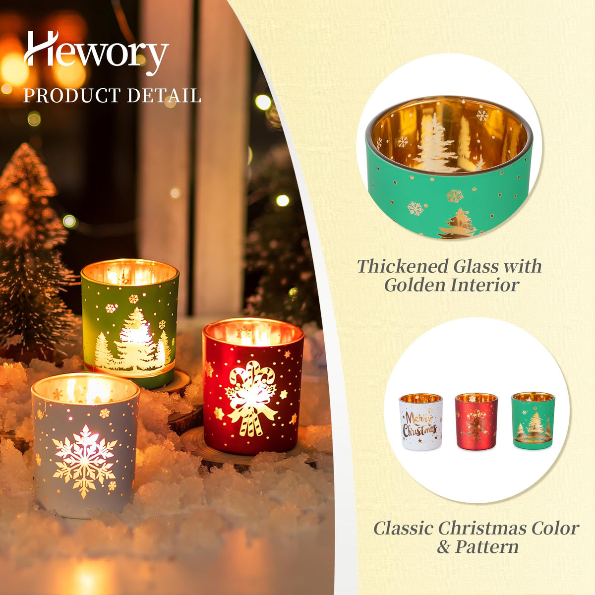Hewory Christmas Votive Candle Holders: Christmas Tea Light Candle Holder Set of 6, Cylinder Glass Candle Holders Centerpiece Christmas Decorations Indoor Home Decor for Table Fireplace Holiday Party