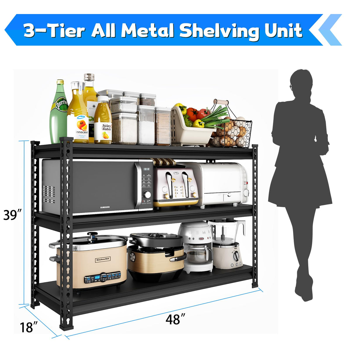 SDXYSTCE 48" W Garage Shelving Heavy Duty, 1500LBS Loads Adjustable Garage Storage Shelves, 3-Tier Metal Shelving Units and Storage Racks, Industrial Utility Shelf,48" Wx18 Dx39 H, Black